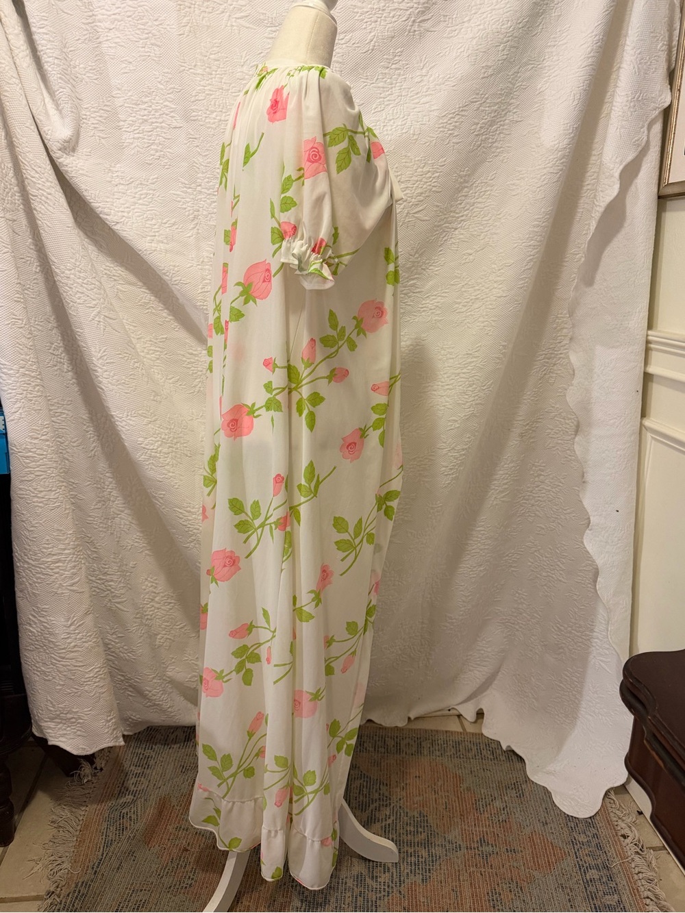 Vintage Floral Peignoir Robe Pink Rose Ivory Sheer Long Dressing Gown Cottagecor - Picture 9 of 14